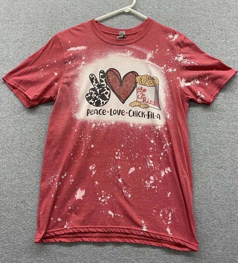 Chick-fil-A Peace Love Graphic T Shirt Medium Red Bleach Splatter Cow Print Tee